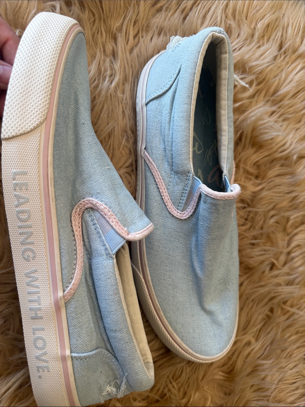 Sperry Slip-On Canvas Shoes in Light Blue with Pink Trim